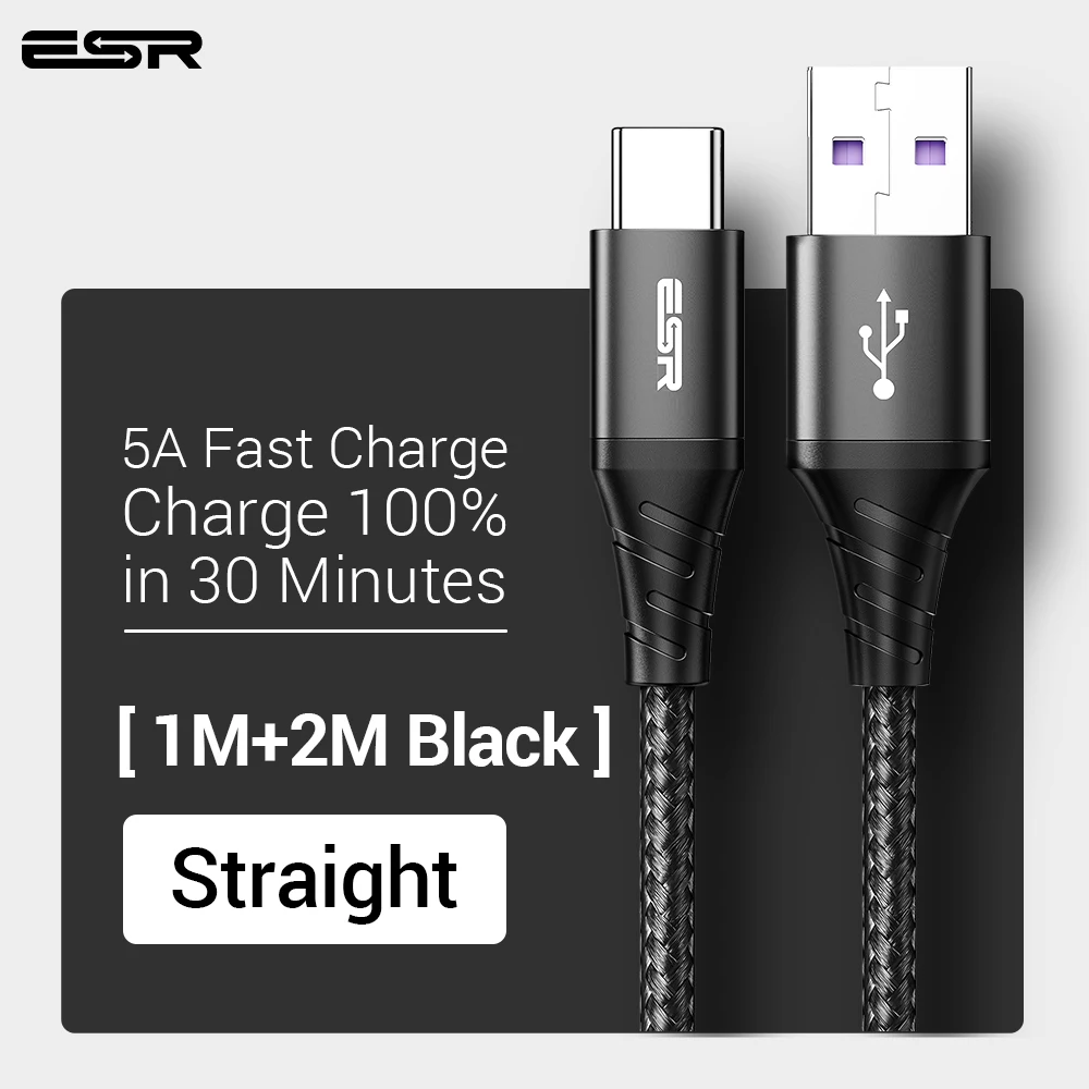 ESR 5A usb type-C кабель 1 м 2 м Быстрая зарядка type-C кабель для huawei P30 P20 mate 20 Pro Phone Supercharge QC3.0 USBC Кабо черный - Цвет: straight 1 and 2M