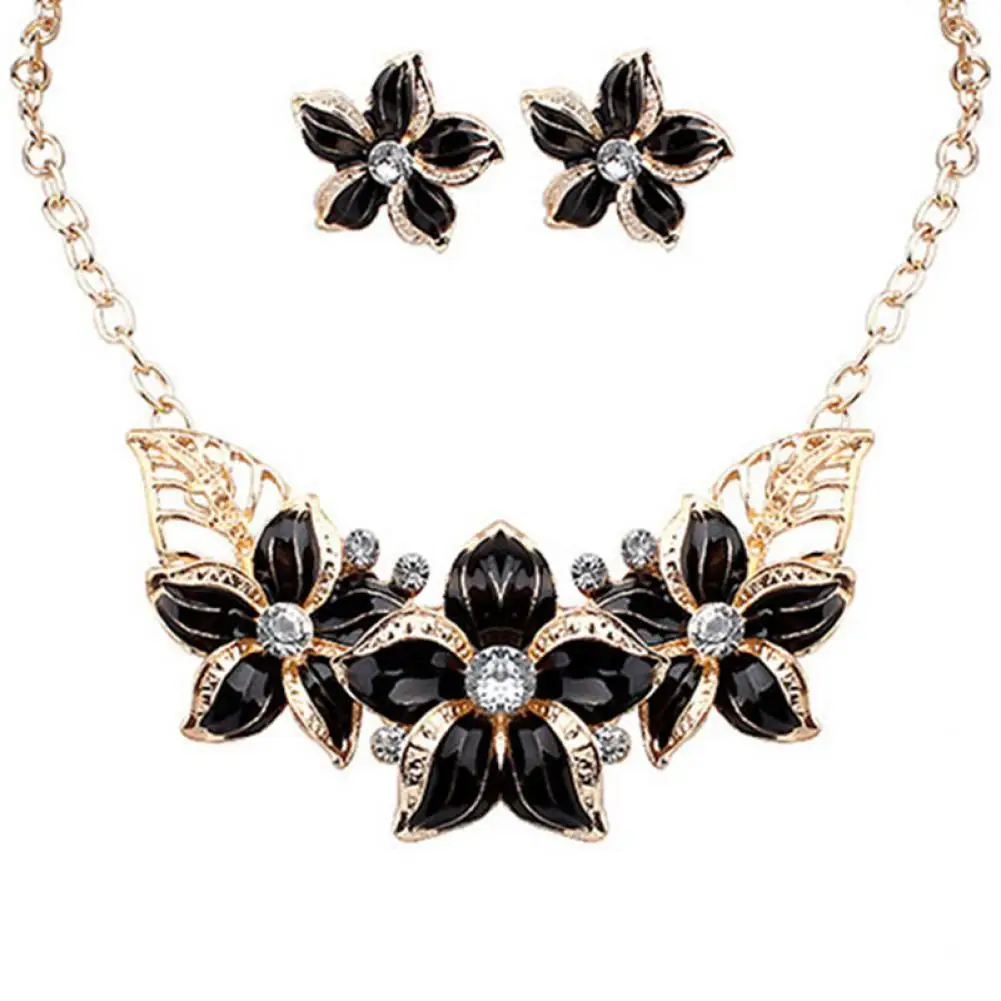 Fashion Women Rhinestone Flower Statement Pendant Necklace Earrings Jewelry Set