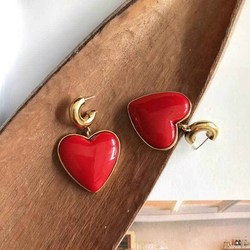 AOMU Vintage Lovely Exaggeration Red Heart Pendant Earring S925 Sterling Silver Pin Drop Dangle Earring For Women Jewelry Set