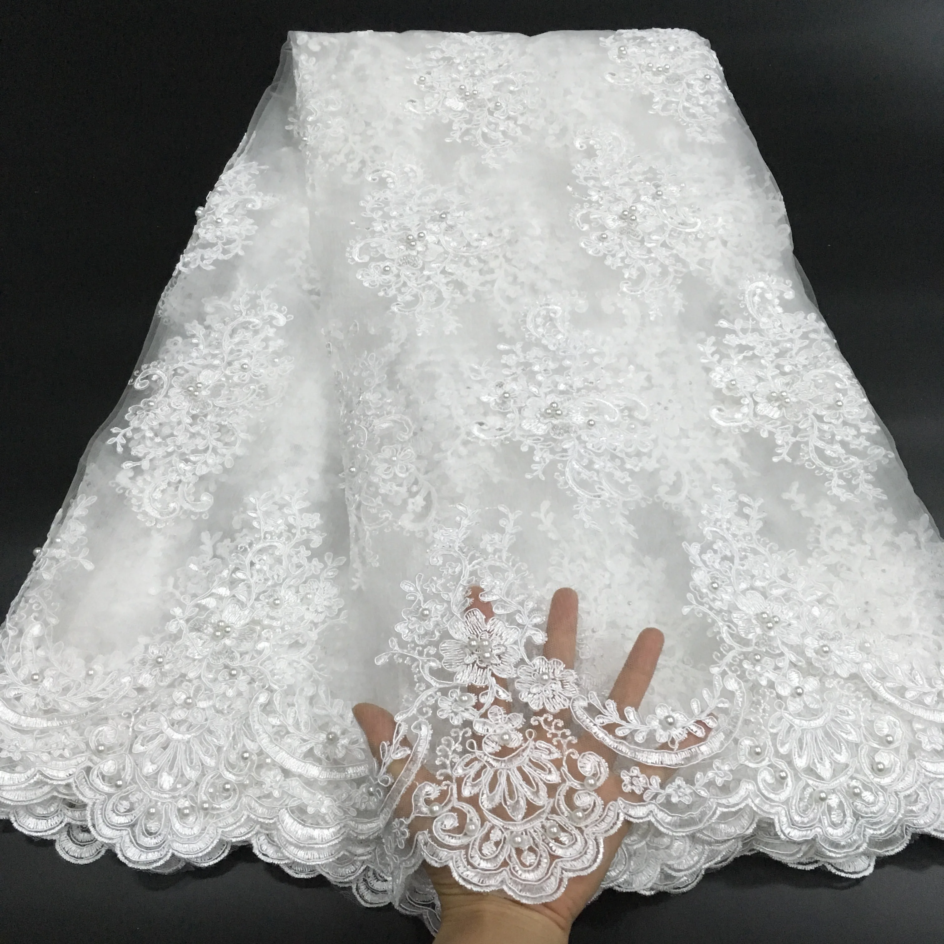Чистый белый кружевной ткани для африканских вечеринок, Свадебное кружево вышитая ткань, Beded африканская кружевная ткань для свадебного платья W006D - Цвет: Off White
