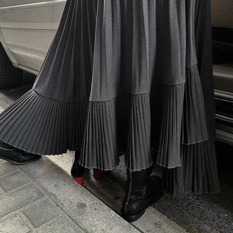 CHEERART серая черная длинная Плиссированная юбка для женщин с завышенной талией Асимметричная юбка с оборками Осенняя юбка миди Готическая