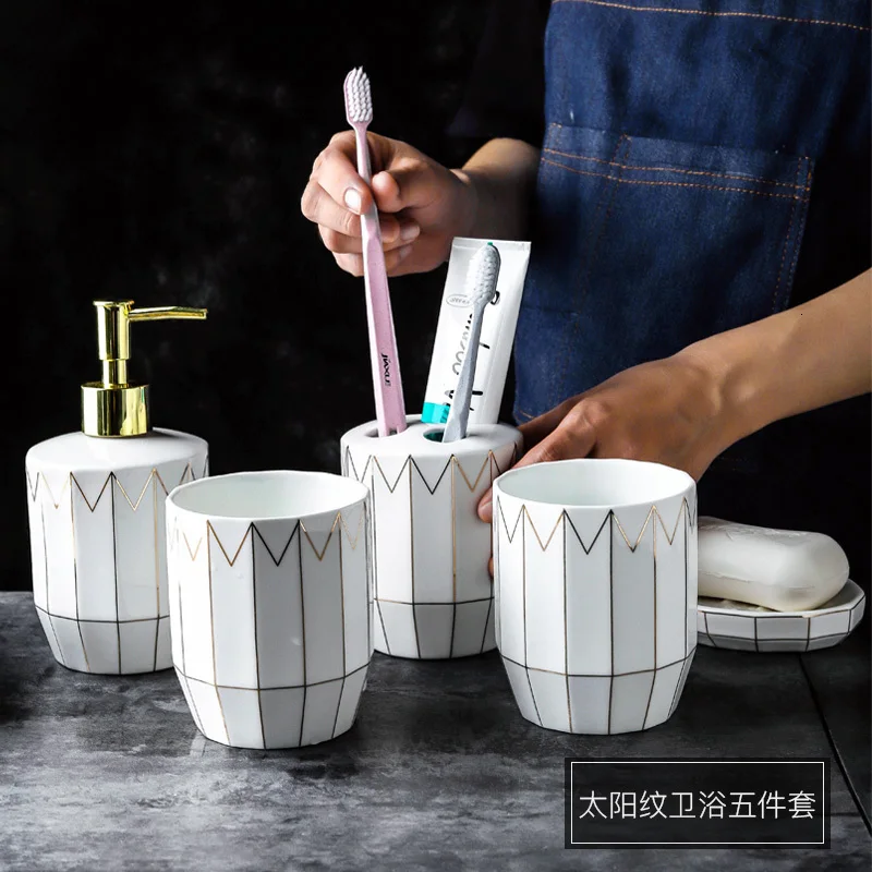 Европейский Простой bone china набор для мытья ванной комнаты из 5 скандинавских костюмов для ванной комнаты чашка держатель для зубной щетки креативный для хранения ванной комнаты - Цвет: 5pcs