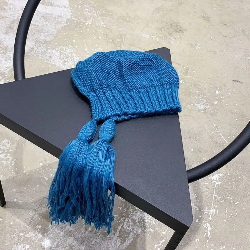 Womens Handmade Knitted Hood Hat with Braided Long Tassels Ethnic Vintage Solid Color Winter Warm Earflap Slouchy Beanie Cap