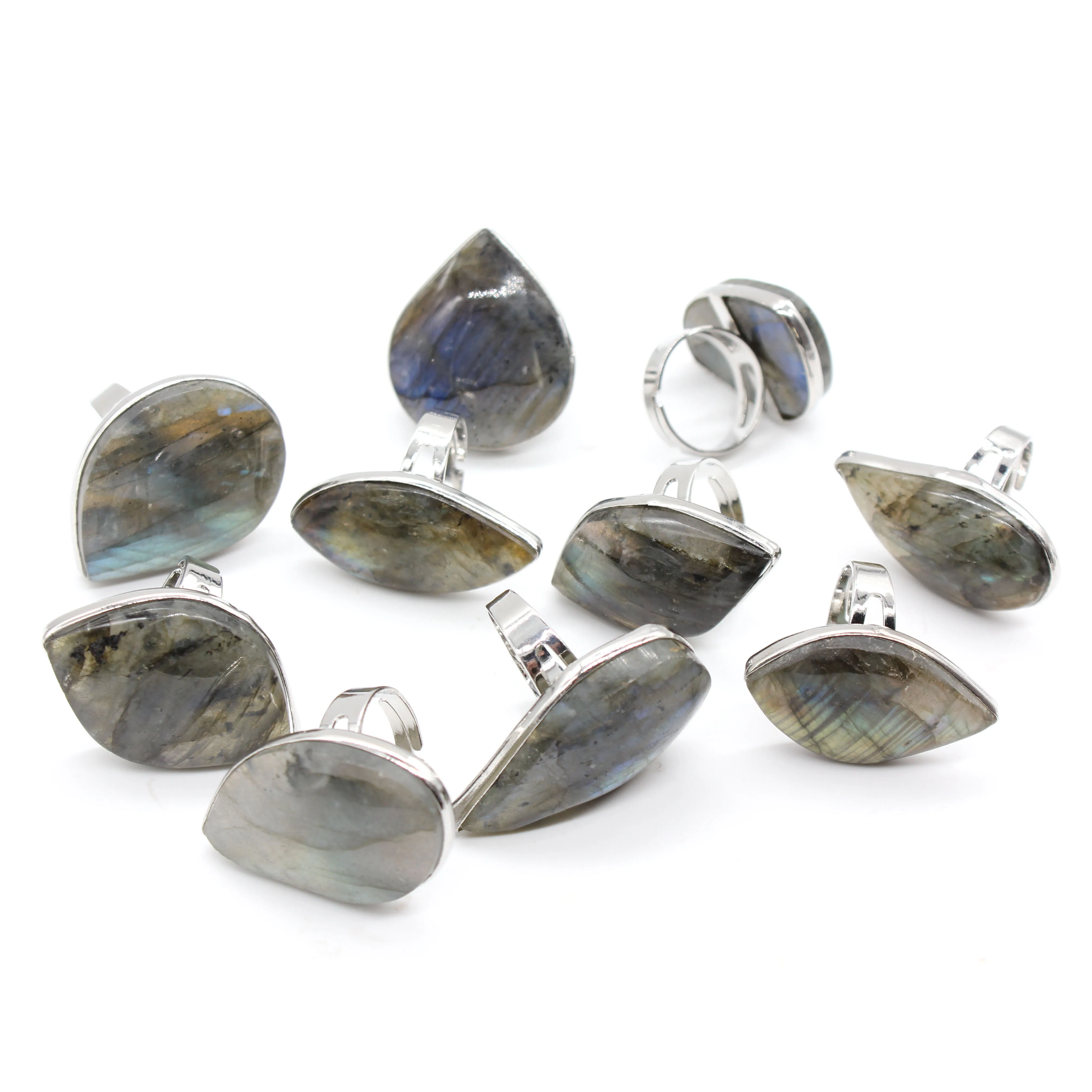 

Kraft-beads 10 Pcs Ethnic Style Silver Plated Resizable Irregular Shape Labradorite Stone Ring Modern Accessories
