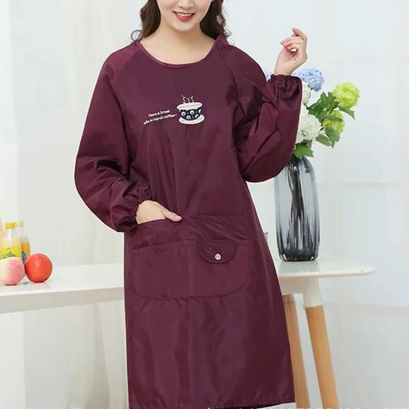 

Waterproof Kitchen Apron Women Coffee Flower Shop Restaurant Overalls Housework Antigreas Cooking Baking Bib Long-sleeved Aprons