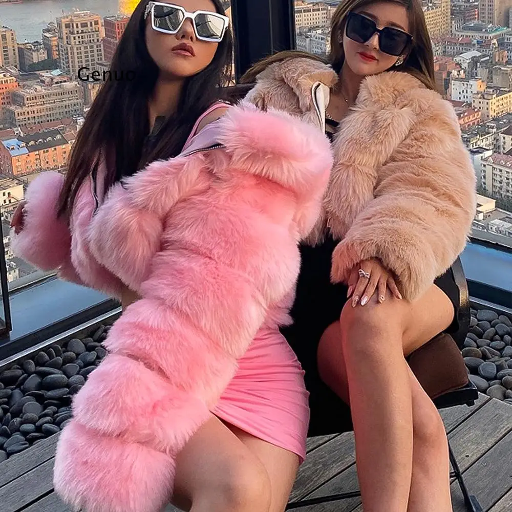 2021 Winter New Fashion Women Pink Short Faux Fur Coat Female Hooded Long Sleeve Thick Warm Fluffy Artificial Fur Jacket