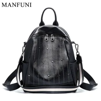

100% Cowhide Leather Daily Casual Backpack For Women Rivets Preppy Style Schoolbag High Quality Black Travel Beach Bag Knapsack