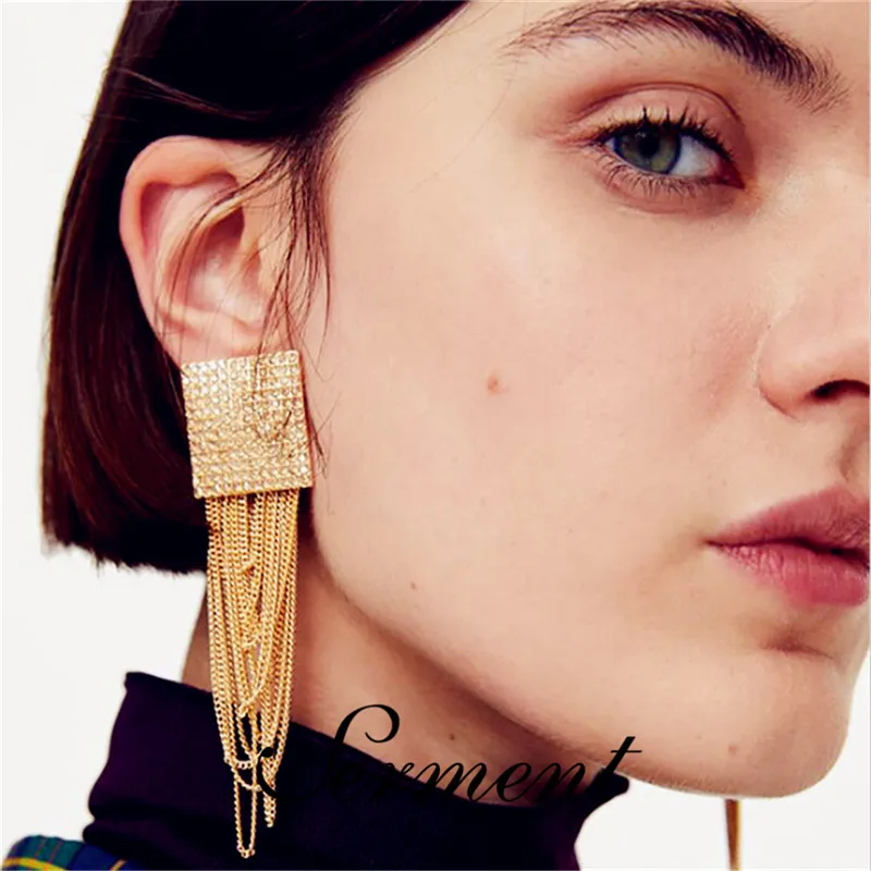 

SERMENT European Trendy Fashion Long Geometric Tassel Earrings Lady Shiny Crystal Fashion Jewelry Accessories Earrings Jewelry