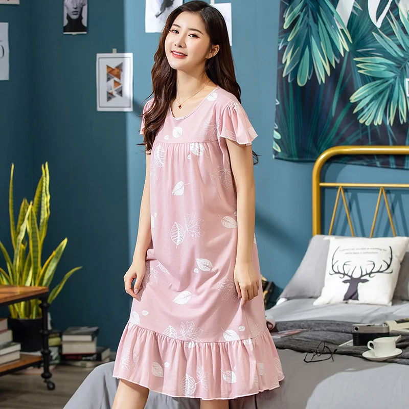 Розовая ночная рубашка с принтом листьев, Хлопковая женская одежда для сна ночнушка, свободное мягкое Ночное платье, женская одежда