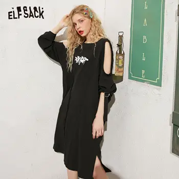 

ELFSACK Black Solid Graphic Print Casual Split Side Dresses Women 2020 Spring New Vintage Off Shoulder Korean Girly Daily Dress