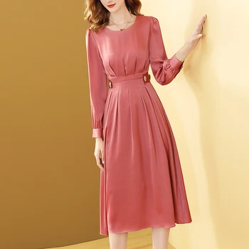 

Gedivoen 2020 Autumn Fashion Runway Midi Dress Women Solid Pink Long Sleeve A-Line Dress Elegant Sweet Party Dresses Vestidos