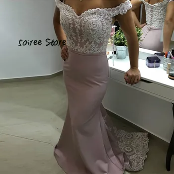 

Vintage Pale Pink Mermaid Evening Dress Turkey Off Shoulder Lace Formal Graduation Dress Button Back Speacial Occasion Gown 2019