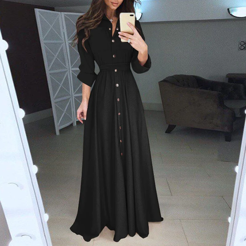 Элегантные женские модные с длинным рукавом бандажная рубашка макси Вечерние платья плюс размер дамы однобортный пуговицы длина до пола Vestidos - Цвет: Черный