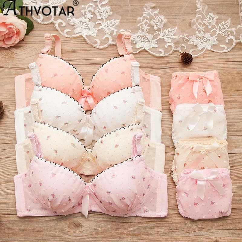 Kawaii Push Up Bra Sets Girl Cute Bow Floral Bra Summer Dot Small Fresh Comfortable Underwear 2022 plus size bra and panty sets