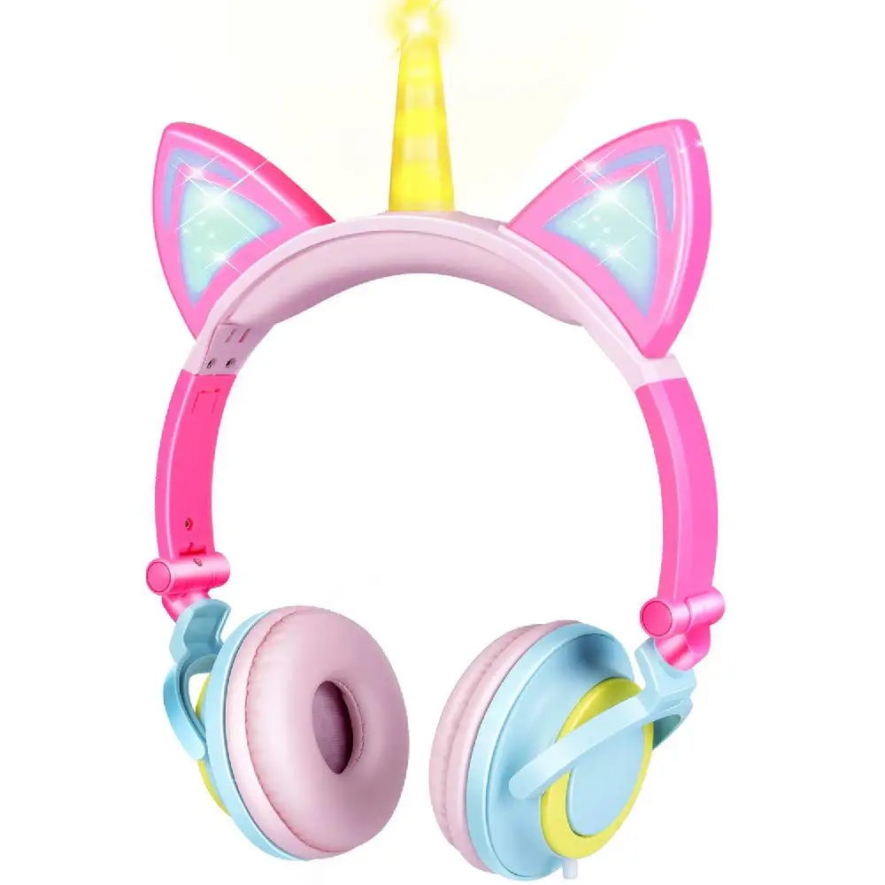 EastVita Cute Kids Cat Ear Wired Foldable Earphones Cat Ear Flashing LED Kids Headphones for boys and girls