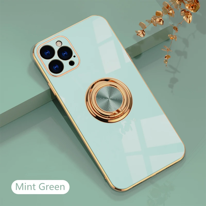 thumbnail image 1 of Luxury Plating Silicone Case For iPhone 15 14 13 12 11 Pro Xs Max Mini SE X XR 7 8 Plus Metal Ring Holder Stand Soft Phone Cover, 1 of 5