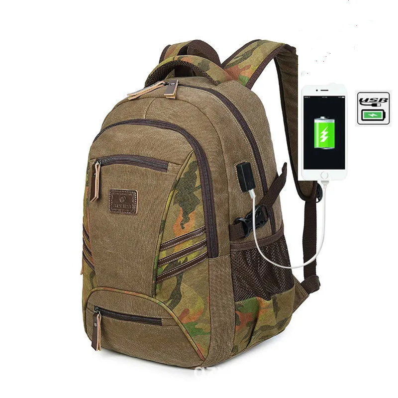 

Men's leisure backpack USB charging backpack canvas travel computer bag military camouflage large capacity student schoolbag
