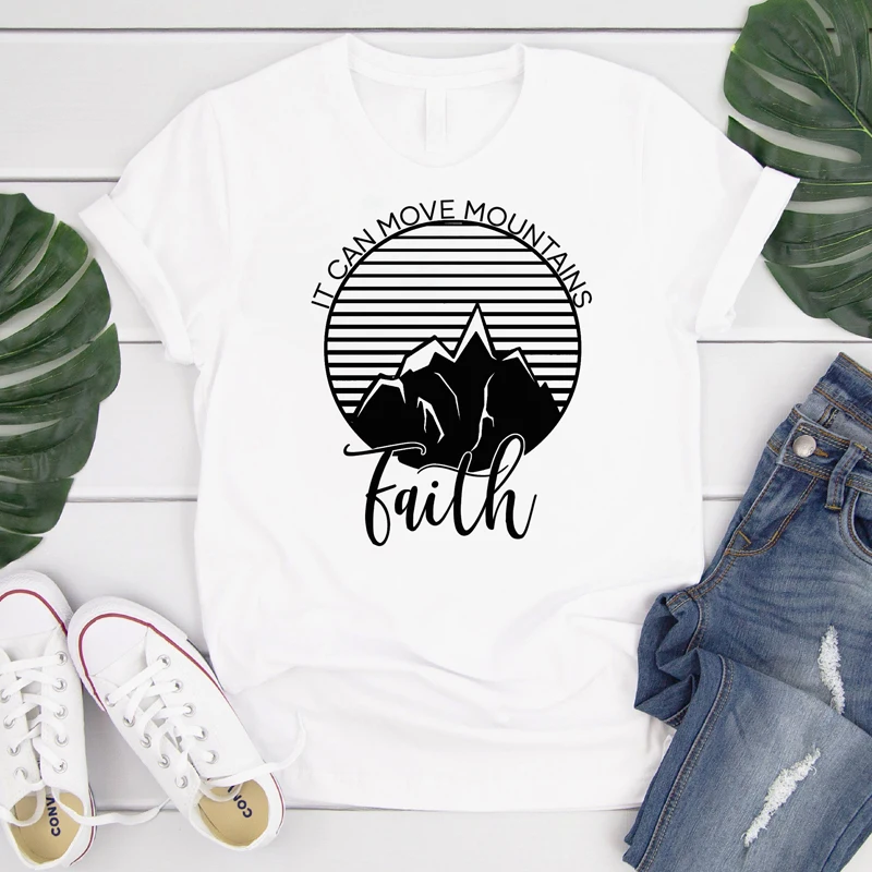 Футболка женская хлопковая с надписью Faith Can Move Mountain|Футболки| |