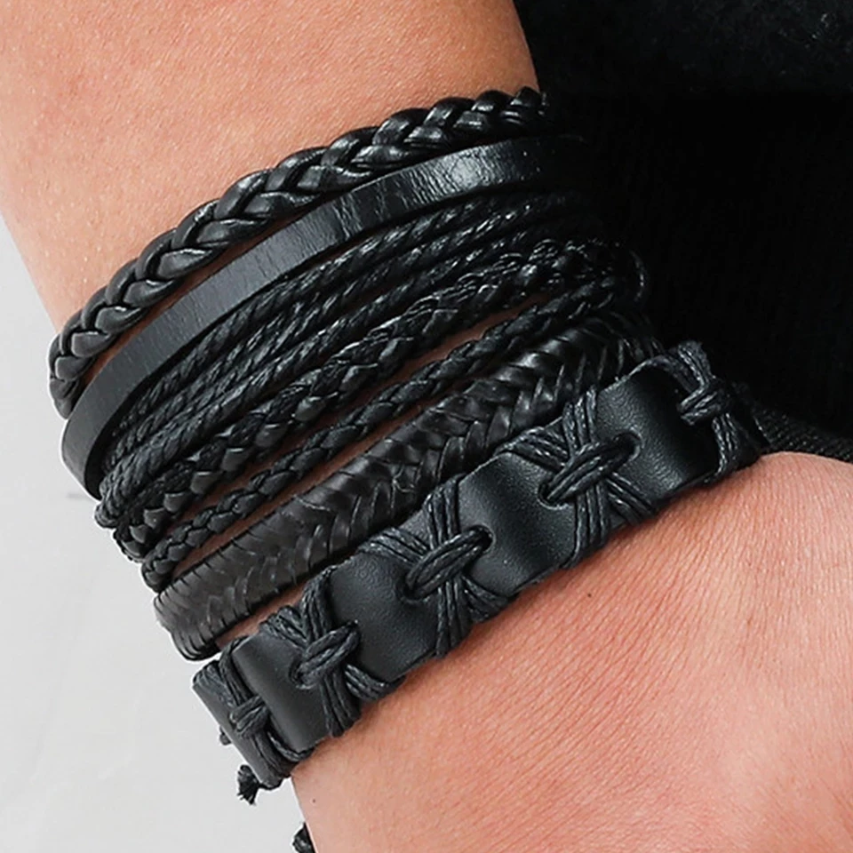Creative Bracelet Set Men Gift Black Brown PU Leather Punk Rope Chain Multilayer 