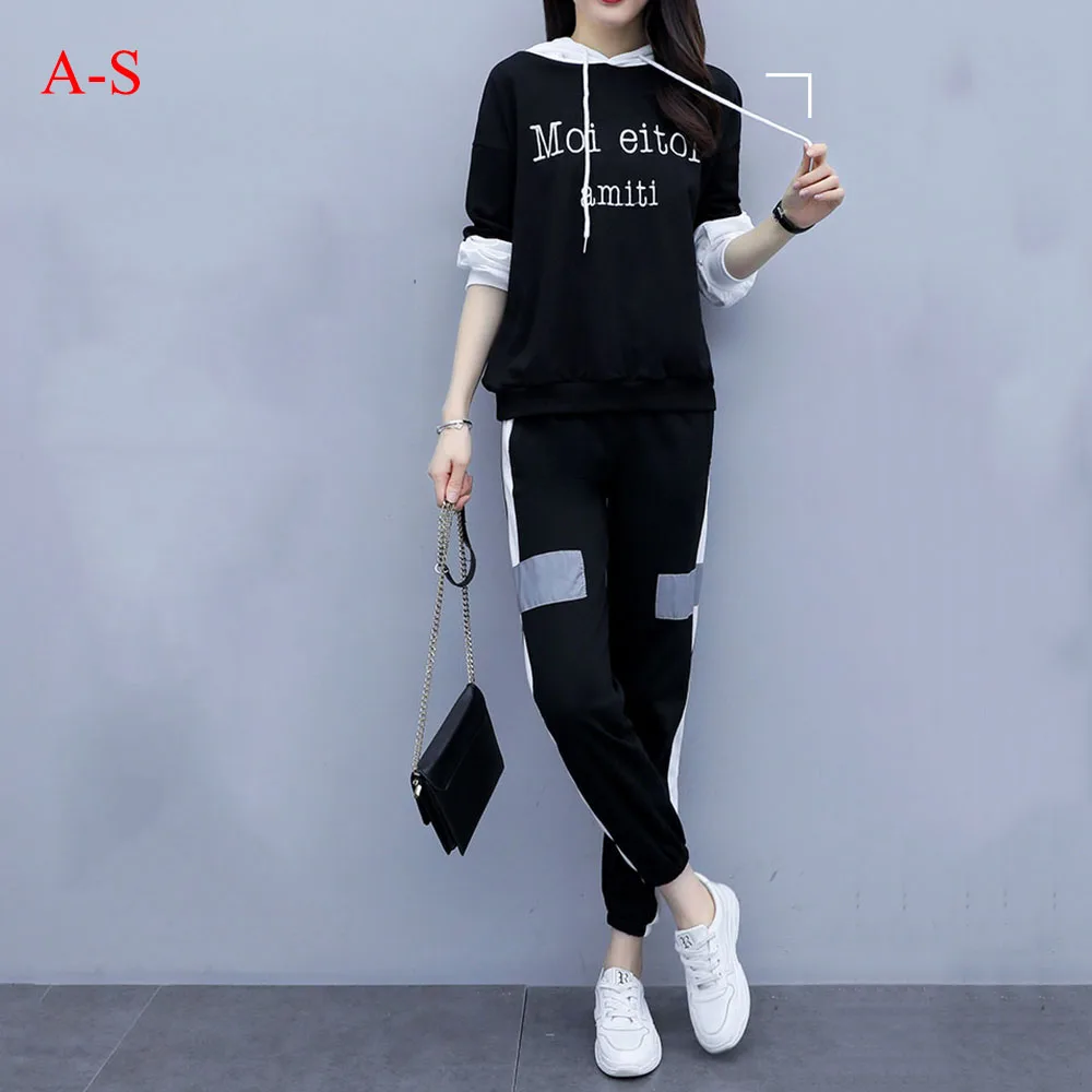 

2 in 1 New 2019 Autumn and Winter Fashion Hooded Contrast Set 2 Piece Women Sports Suit Zipper Top And Pants Sweatshirt