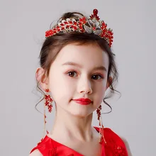 Корона для девочек, серьги, головной убор, набор, красный лебедь, Хрустальная корона, представление, подиум, ведущая принцесса, аксессуары для волос