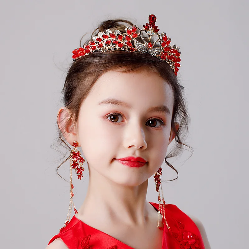

Girls Crown Earrings Headdress Set Red Swan Crystal Crown Performance Catwalks Host Princess Hair Accessories