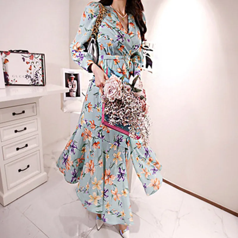 

Bohemia New Elegant temperament V-neck Runway Print Dress Women Ruffles Floral Print Lace up Long Dresses Autumn Banquet