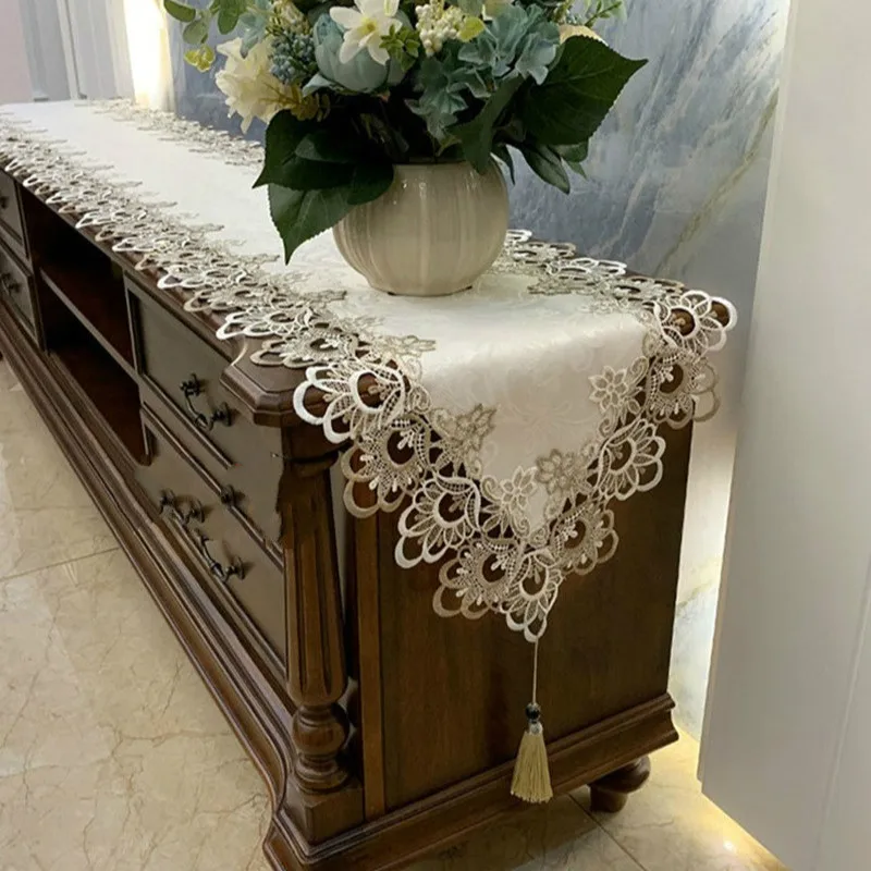 

French Simplicity Lace Trim Fabric Table Runner Mat Piano Refrigerator Meal Desk Cover Cloth Study Room Living Party Decoration