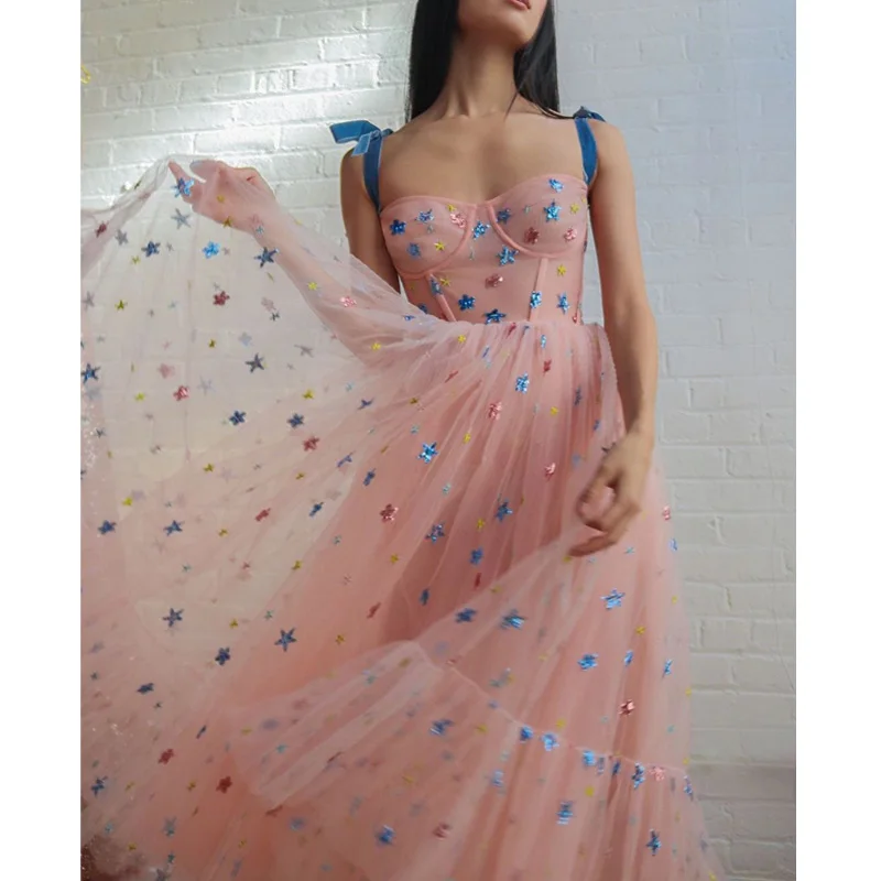 Sweet Pink Star Mesh Dress Woman 2020 New Summer Spaghetti Strap Runway Design Vestido Casual Dress Party Female Sweet Pink Star Mesh Dress Woman 2020 New Summer Spaghetti Strap Runway Design Vestido Casual Dress Party Female