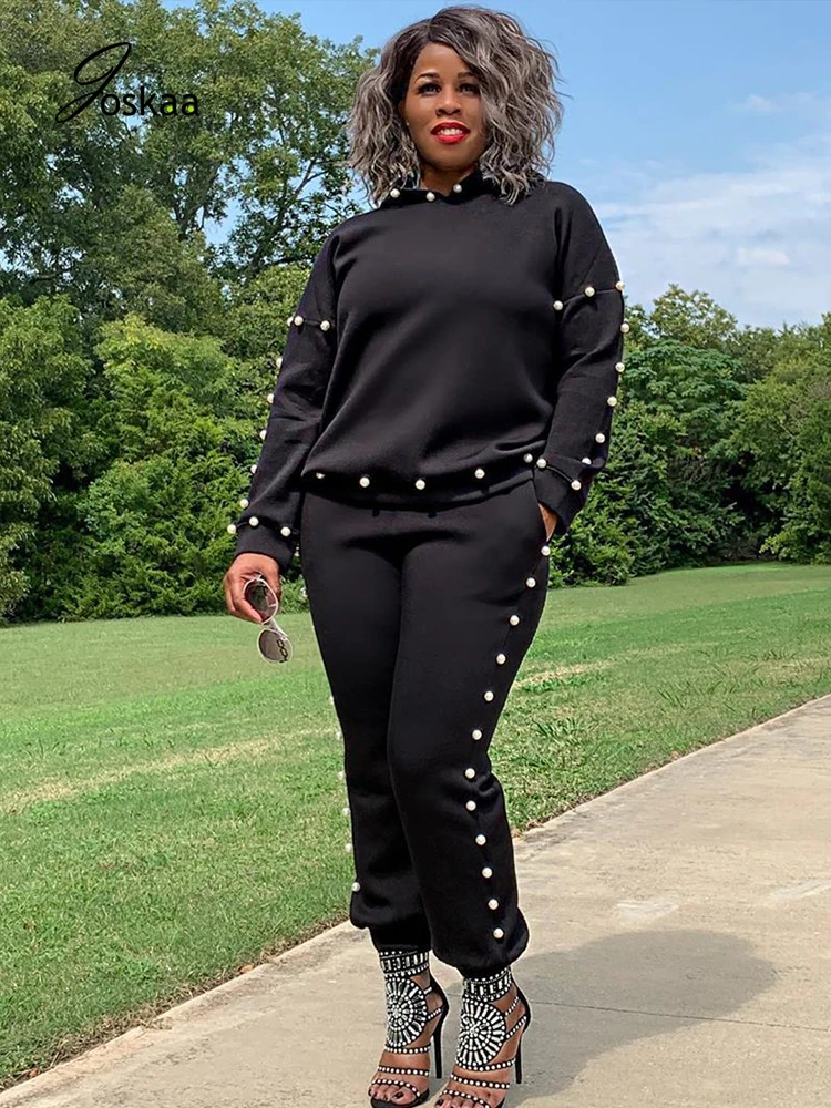 

Joskaa Beading Long sleeve Pants Women 2 Pieces Set Casual Tracksuit Winter Autumn Warm Clothes Fashion Streetwear 2020