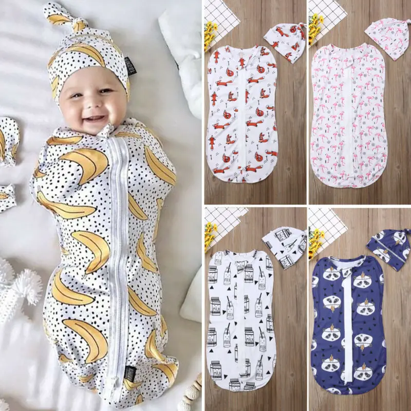 2Pcs Baby Sleeping Bags Soft Swaddle Muslin Blanket Printed Newborn Infant Sleeping Bags Zipper Wrap Swaddling Blanket with Hats