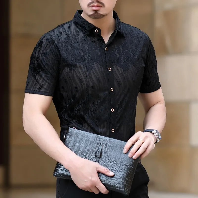 Camisa Social 2020 модная уличная одежда рубашка прозрачная бархатная с коротким рукавом