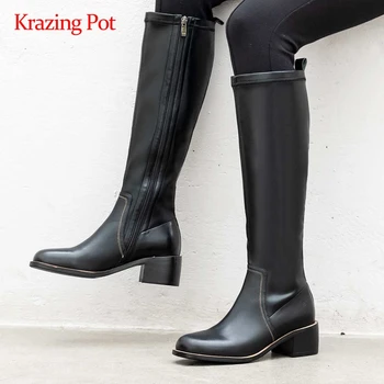 

Krazing pot equestrian boots real leather convenient energy european round toe thick high heel zipper mature knee high boots L04
