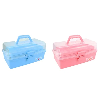 

2pcs Three-Tier Medicine Box for First Aid Kit Plastic Folding Chest Organizer for Storage Boxes - blue & Pink