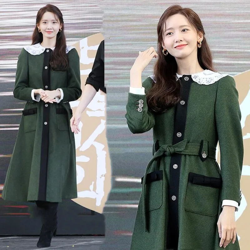 

2019 Autumn And Winter Lim Yoona Celebrity Style Army Green Woolen Jacket Women's Waist Hugging Lace-up Slimming Mid-length over