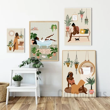 

Fashion African American Women Prints Boho Poster Girls Female Portrait Canvas Painting Plant Wall Art Picture Living Room Decor