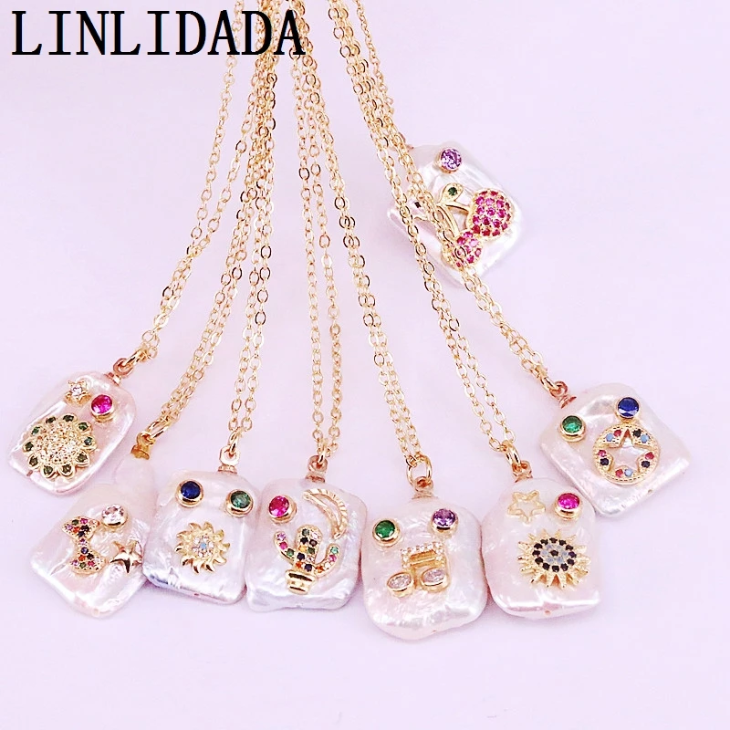 

8cs Cubic Zirconia Micro Paved Charm Nature Pearl Fashion Gold Color Pendant Necklaces For Women Jewelry