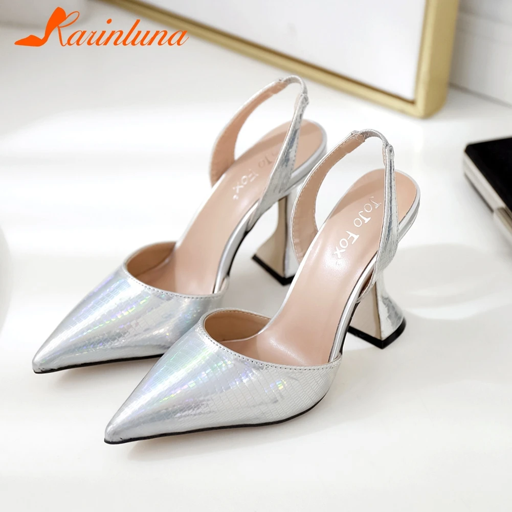 

KARINLUNA Sexy Pointed Toe Shallow Sandals Cool Metallic Party slip-on Sandals Women 2020 New Brand Strange Heels Shoes Woman