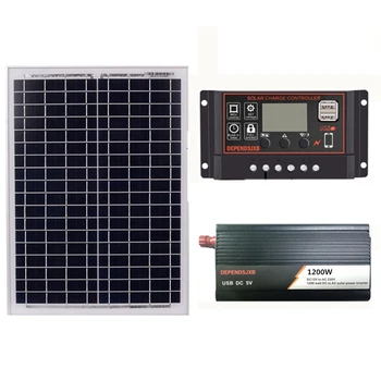 

18V20W Solar Panel +12V 30/40/50/60A Controller + 1200W Inverter Dc12V-Ac230V Solar Power Generation Kit, For Outdoor And Home(6