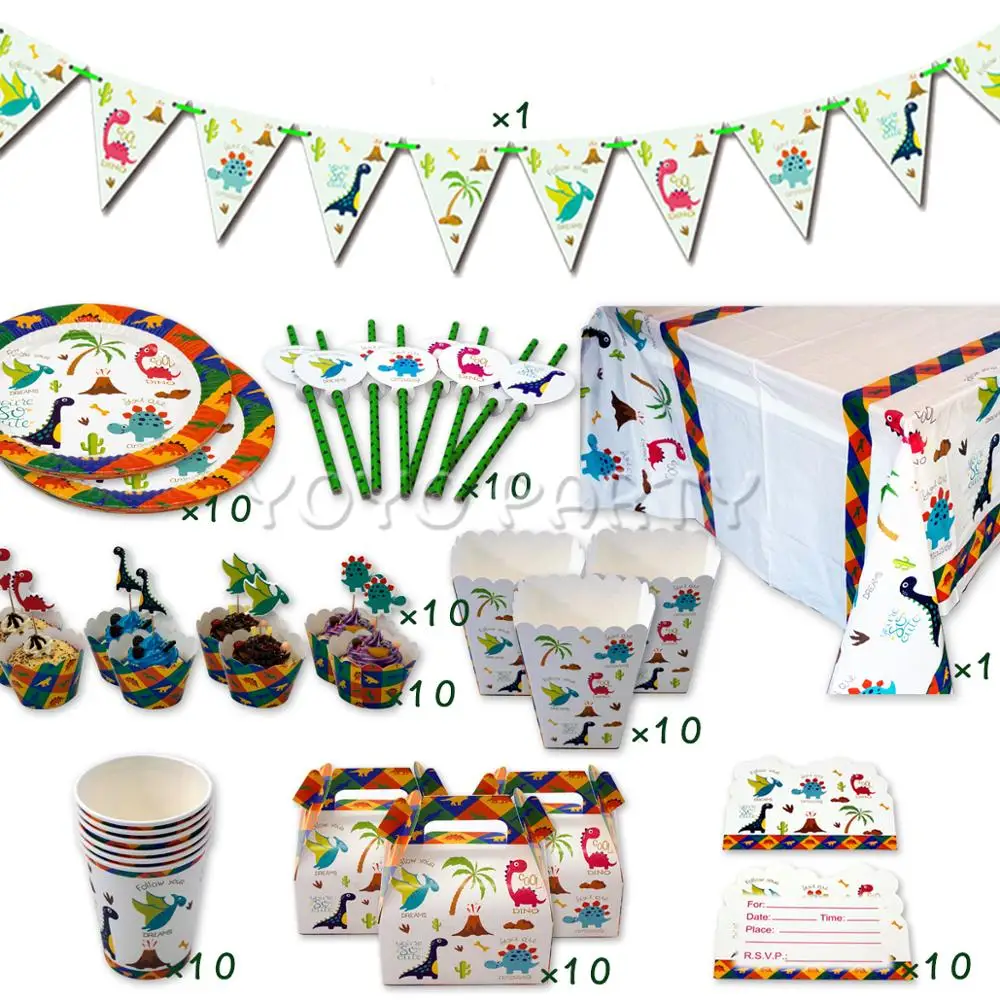 

82Pcs for 10kids Dinosaur Dino theme birthday party supplies tableware set, plate+cup+straw+banner+tablecover ect