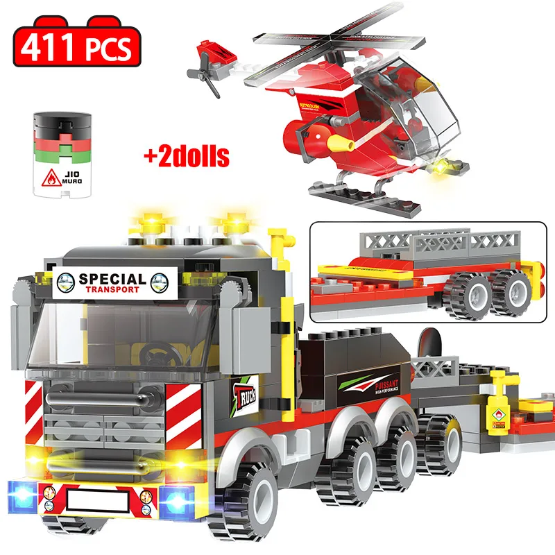 

411PCS SWAT Fire Police Car Building Blocks Legoingly City Rescue Heavy Trailer Helicopter Figures Bricks Education Toys For Boy