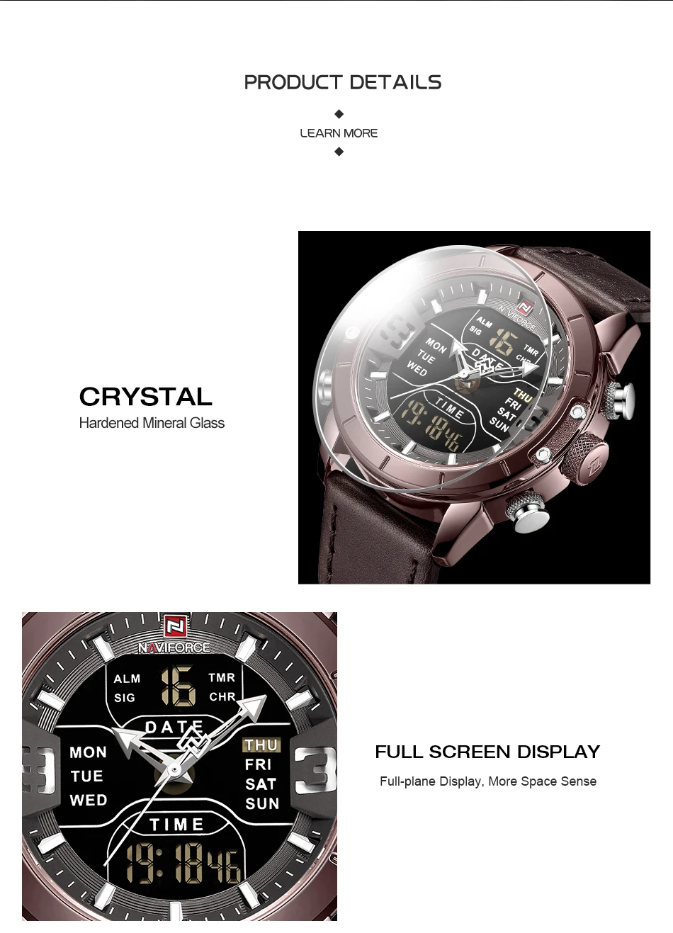 NAVIFORCE, военные спортивные светодиодный цифровые часы, мужские водонепроницаемые кварцевые аналоговые часы, ремешок из натуральной кожи, модные наручные часы