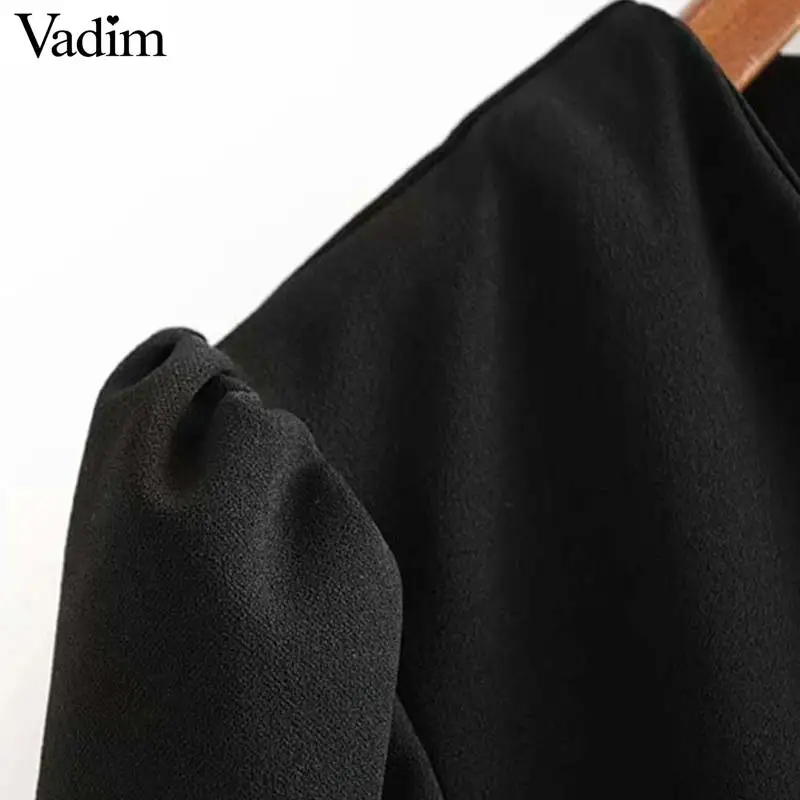 Vadim, Женская стильная офисная одежда, мини платье с пышными рукавами, двубортное, v-образный вырез, Женские повседневные элегантные черные платья, vestidos QC919