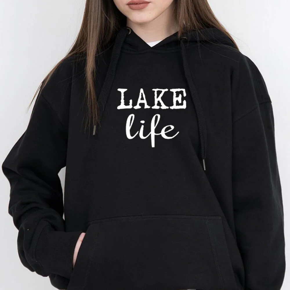 Толстовки с принтом «Lake Life», Женская флисовая Повседневная Толстовка с длинным рукавом, повседневный Женский пуловер, Moletom Feminin