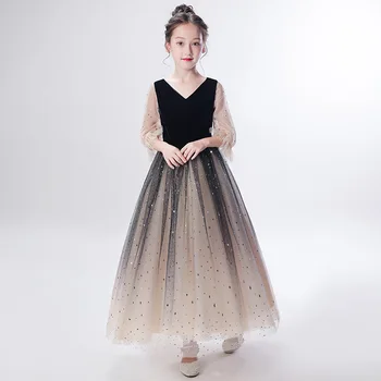

2020 Summer New Children Wedding Party Dress V-Neck Mesh Princess Gown Lace Sleeve Performance Clothing Sequin Bling Cheongsam