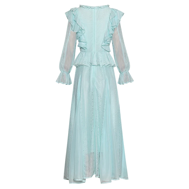 Женское кружевное платье с рюшами розовое/мятно зеленое ажурное Макси длиной до