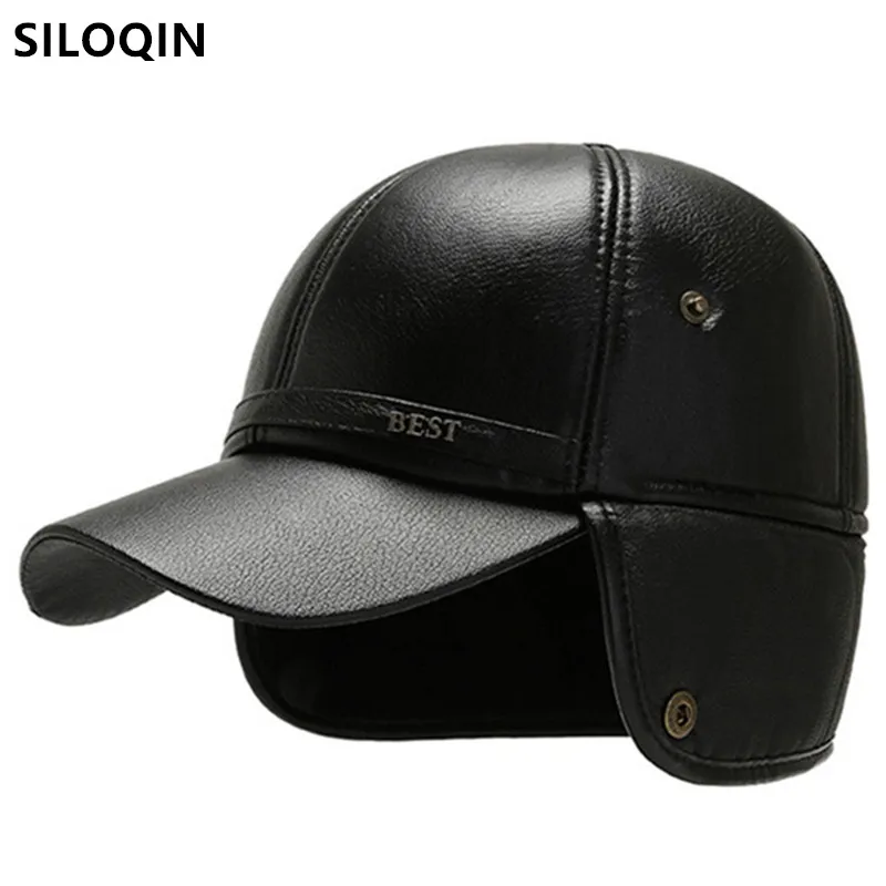 

SILOQIN Snapback Cap Middle-aged Men's Earmuffs Hat New Winter PU Thick Warm Baseball Caps Dad's Winter Hats Casual Sports Cap