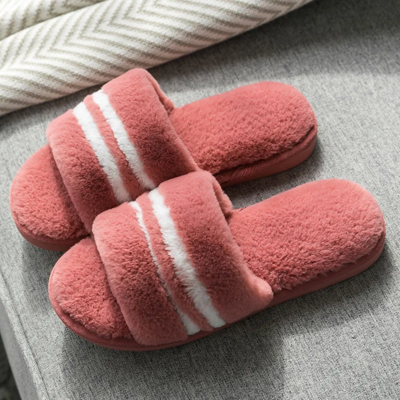 Non-slip Faux Fur Winter Women Slippers Home Female Comfort Floor Women Shoes Cotton Ladies Indoor Slippers Plush Slipper Unisex - Цвет: Coral Strip