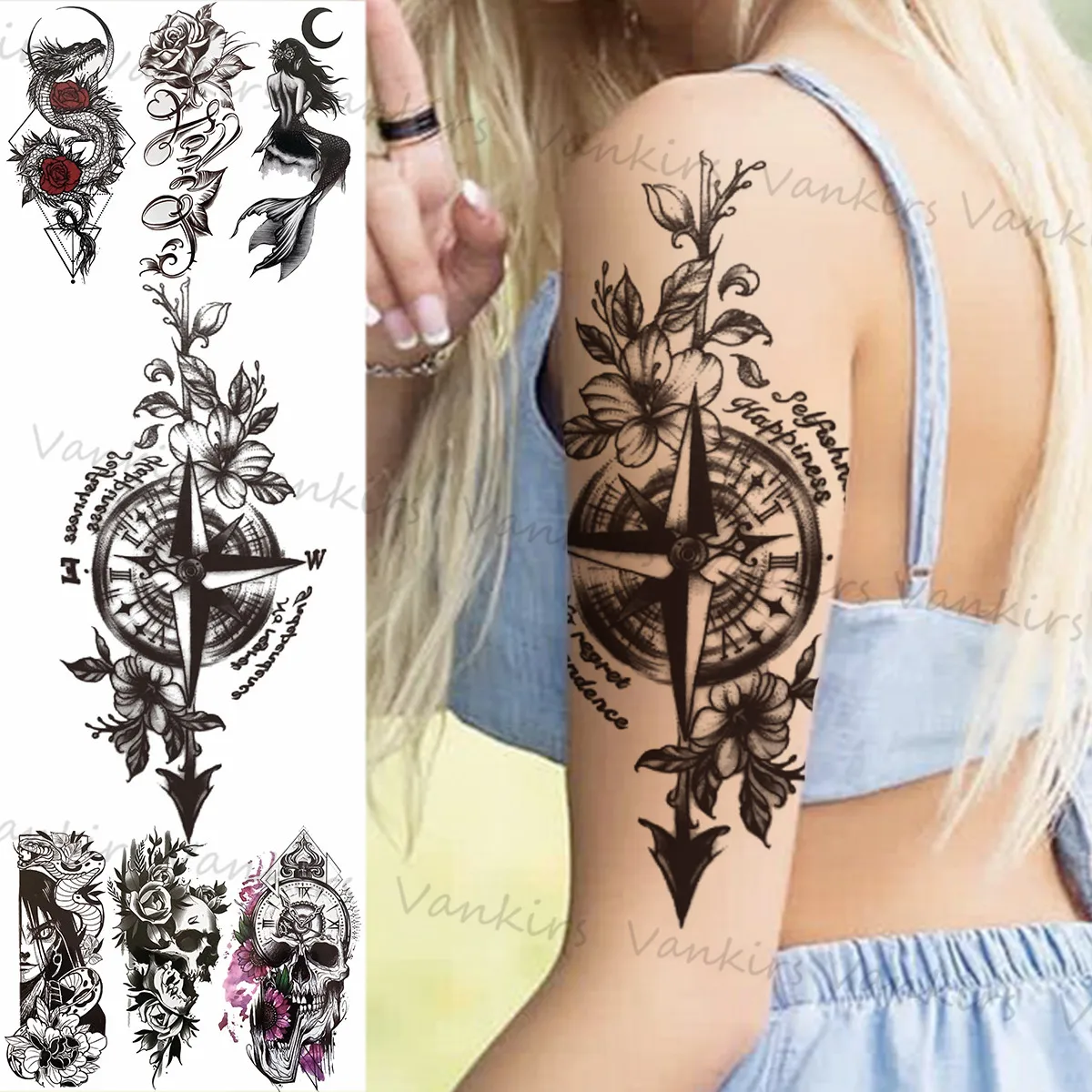 3D Black Compass Flower Temporary Tattoos For Women Men Dragon Mermaid Skull Rose Moon Fake Tattoo Sticker Sexy Arm Body Tatoos | Красота и
