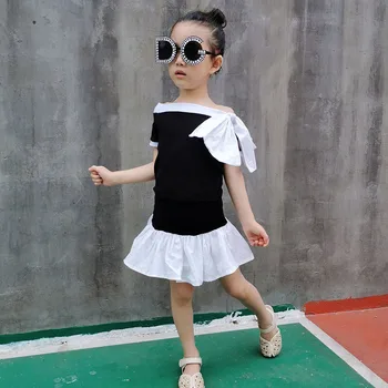 

Elegant Girls Dress Patchwork White Black Princess Costume Off Shoulder Big Bow Children Summer Dress